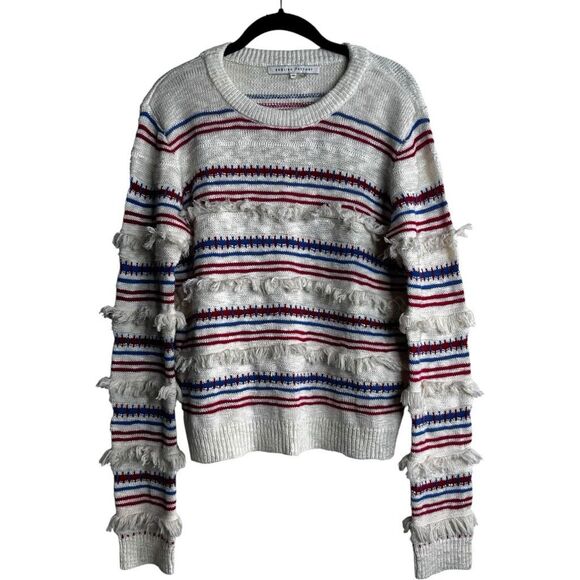 English Factory Striped Fringe Sweater Size M Cream Red Blue 4th of July Patriot - Picture 1 of 9